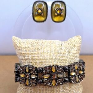 Elegant Vintage Rhinestone Bronzetone Bracelet & Earrings Set